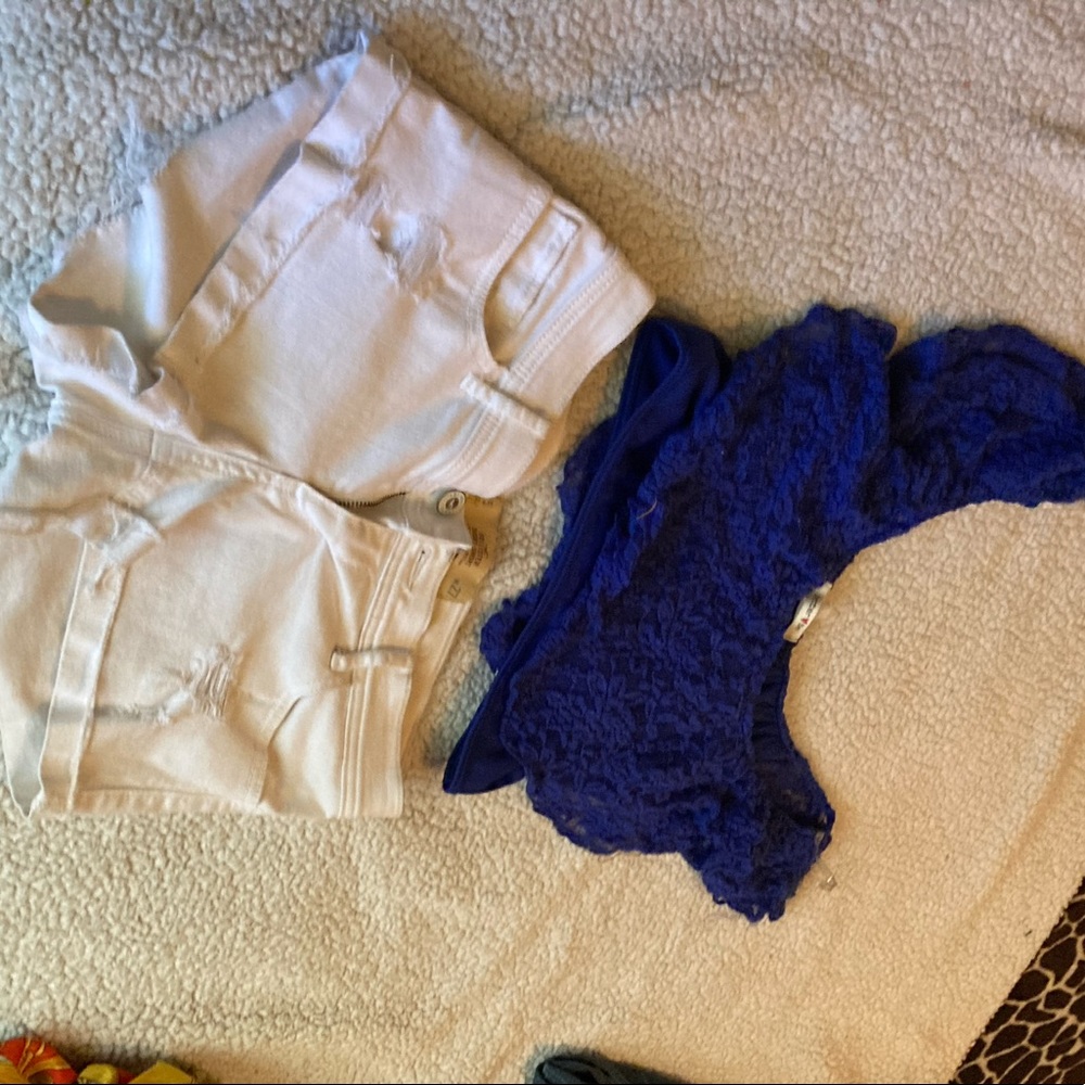 Set of white short shorts & off shoulder crop top